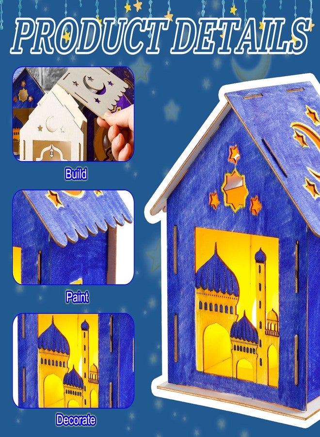 Lineshading 9 Pcs Eid Mubarak Wooden House with 12 Watercolor Pens and 9 LED Flameless Tealight Candles DIY Luminous Graffiti Crafts Ramadan Decorations Wooden Eid Houses for Kids Paint Party Supplies - Image 3